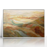 Modern art wall decor featuring an acrylic print of an abstract fall landscape in muted orange and brown hues.