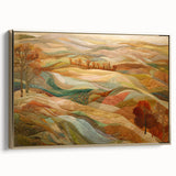 Framed canvas featuring a vintage-style landscape painting with autumnal trees in gold and black tones.