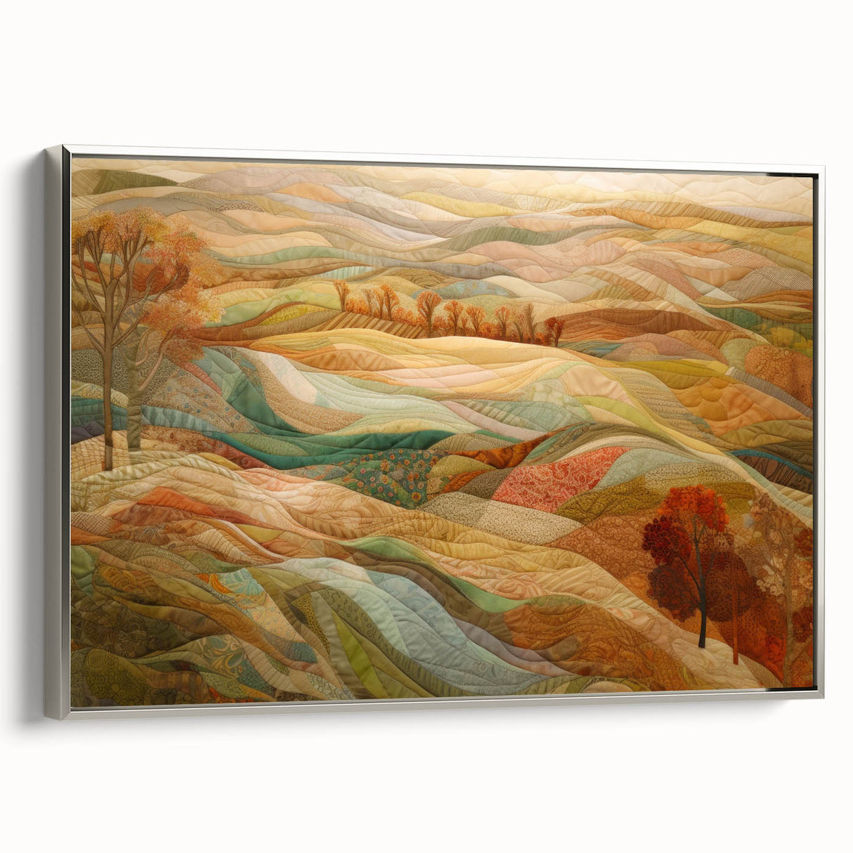 Framed canvas featuring a landscape art painting of autumn trees in vibrant orange and red tones.