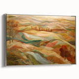 Framed canvas featuring a landscape art painting of autumn trees in vibrant orange and red tones.