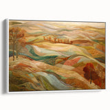 Vintage poster art of a fall landscape on framed canvas, featuring hues of orange and red, ideal for living room decor.