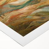 Art deco poster featuring a stylized autumn landscape in warm orange and brown tones, on rolled canvas.