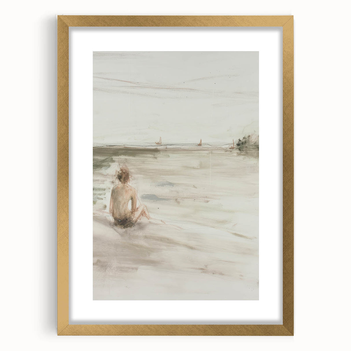 Abstract figurative art frame with a gold matte finish, showcasing a vibrant design blending modern and classical elements, ideal for contemporary home decor.