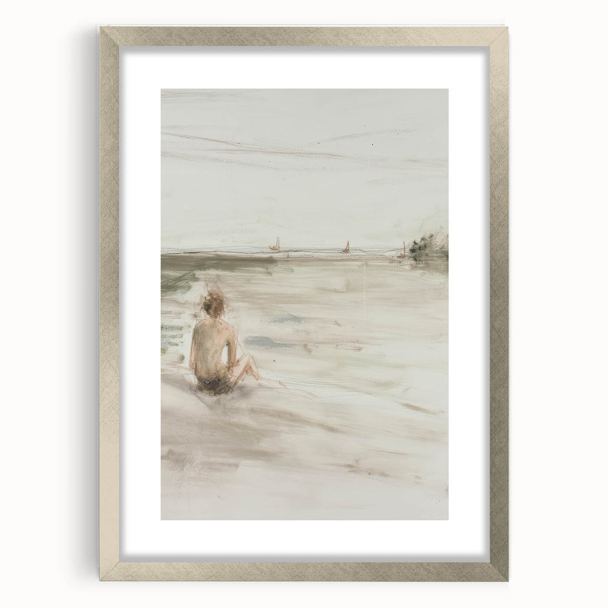 Abstract figurative silver frame showcasing a contemporary art piece with a mat finish, ideal for modern home decor and gallery displays. Perfect for enhancing artistic interiors.