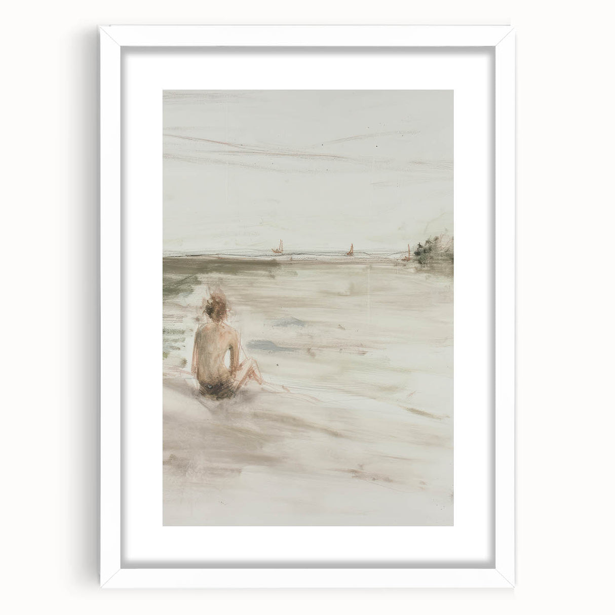 Abstract figurative art frame with a matte white finish showcasing vibrant colors and unique shapes, ideal for modern home decor and artistic displays.