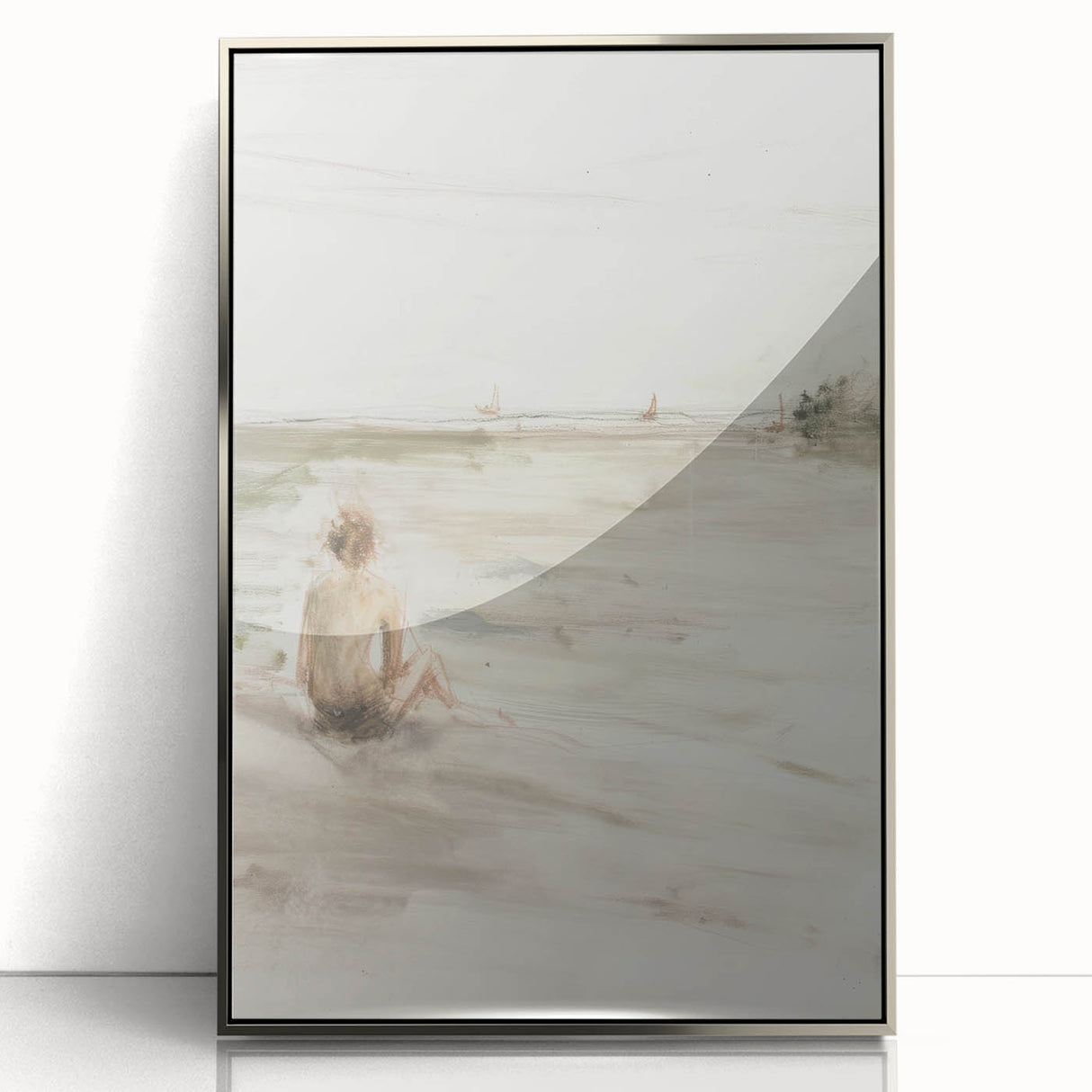 Framed abstract figurative art piece with a silver-acrylic finish, showcasing vibrant colors and dynamic shapes, ideal for modern home decor.