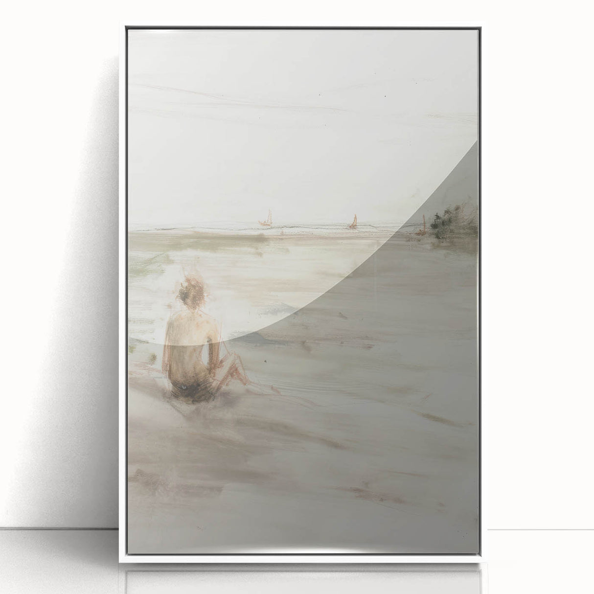 Abstract figurative art piece framed in white acrylic, showcasing vibrant colors and dynamic shapes, ideal for modern home decor or gallery settings.