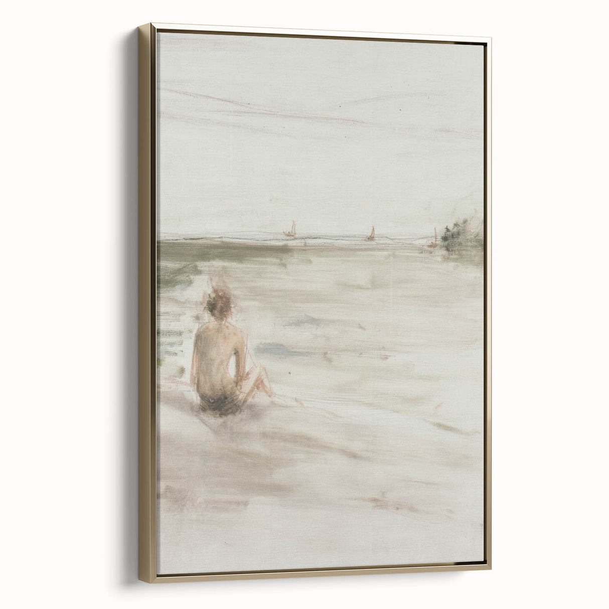 Abstract figurative framed canvas artwork in gold tones showcasing a modern design, displayed in a stylish side view. Perfect for contemporary home decor.