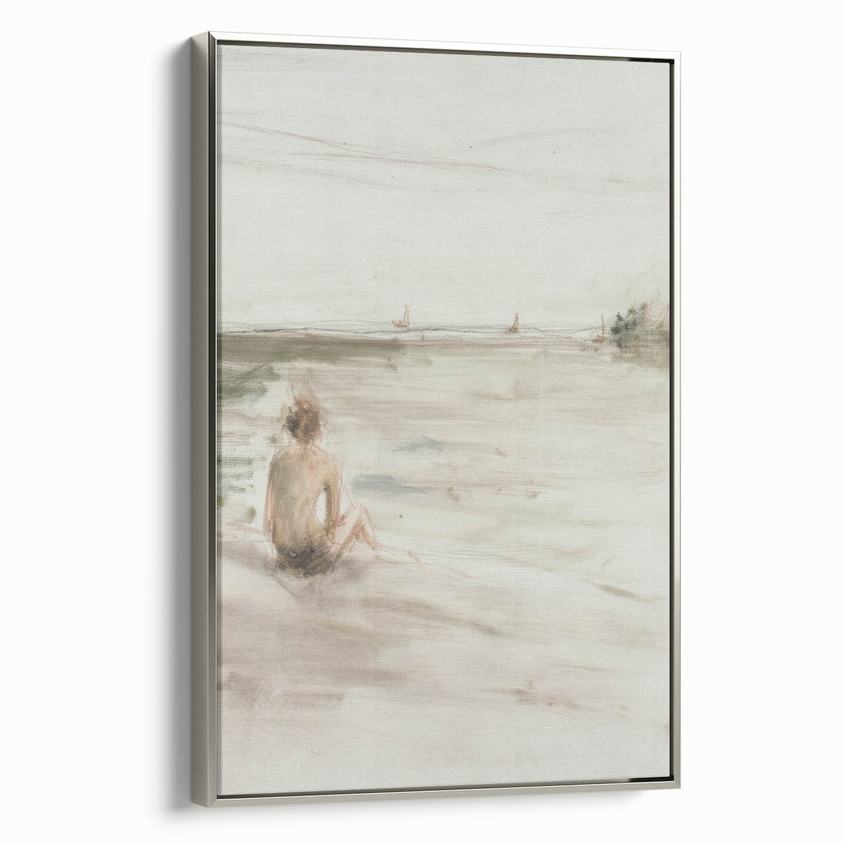 Framed abstract figurative canvas artwork showcasing silver accents, displayed from a side view, perfect for modern home decor and artistic interiors.