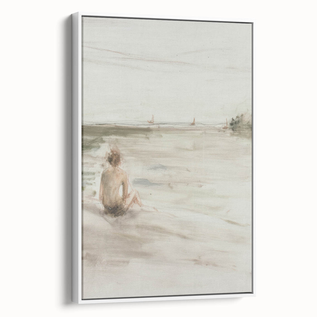 Framed abstract figurative canvas art showcasing a white background with vibrant colors, ideal for modern home decor, displayed from a side view.