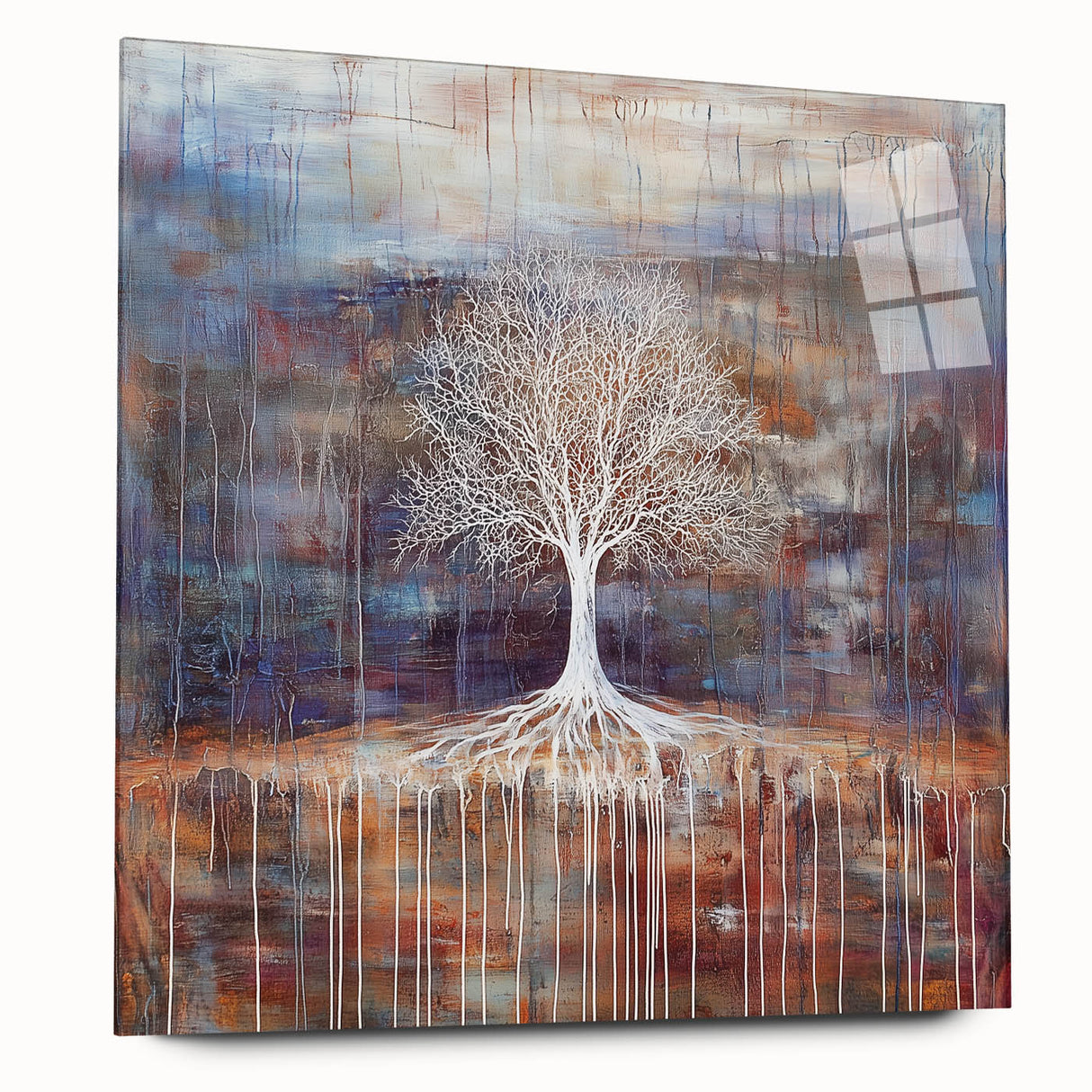 Abstract floral acrylic artwork displayed on a sleek glass panel, showcasing vibrant colors and intricate designs, ideal for modern home decor.