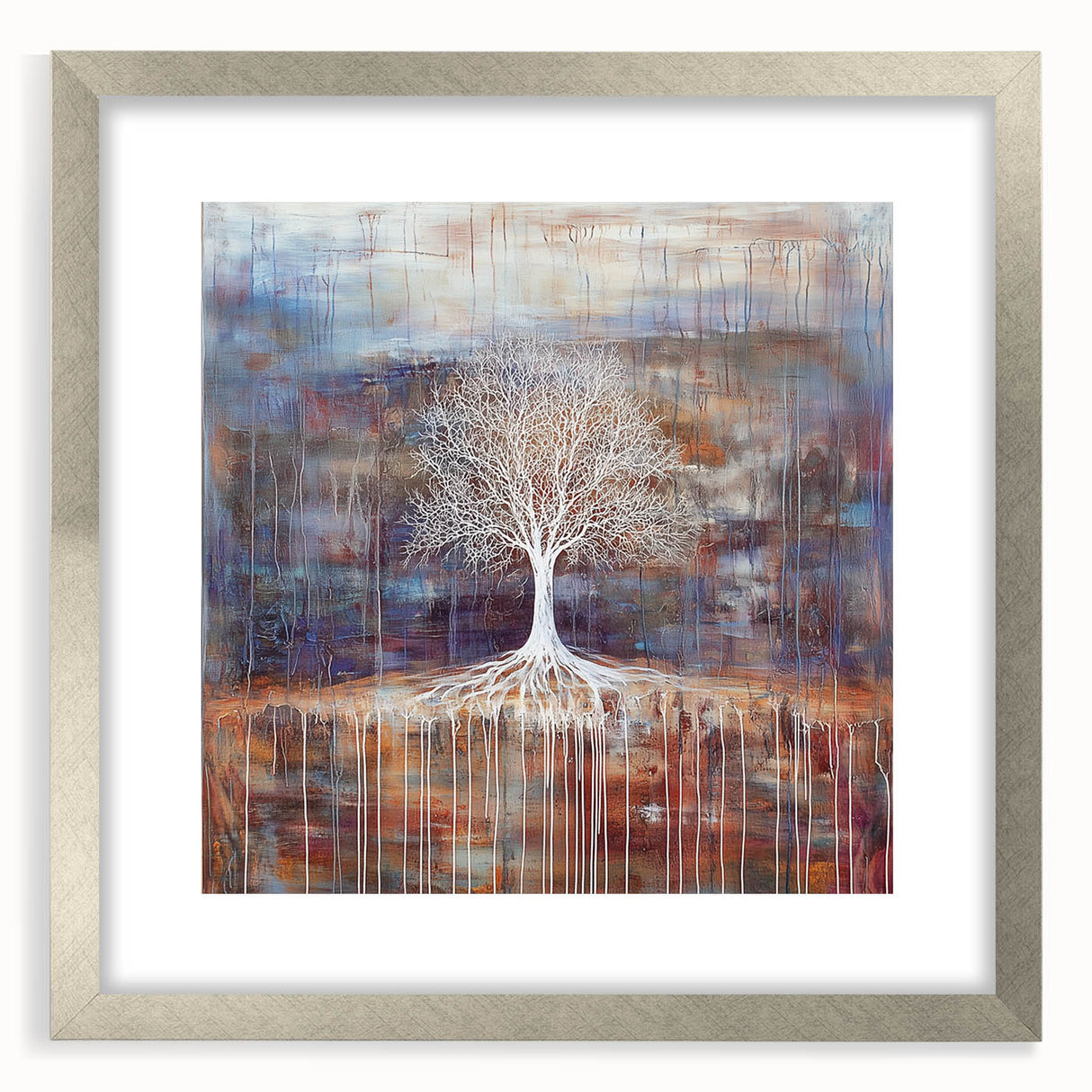 Abstract floral artwork framed in silver, showcasing vibrant colors and intricate designs, perfect for home decor or artistic display. The mat adds elegance, enhancing its visual appeal. Ideal for modern interiors or as a thoughtful gift.