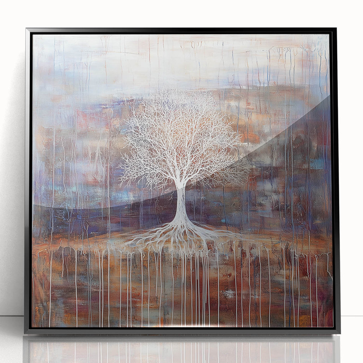 Framed acrylic artwork showcasing an abstract floral design with vibrant colors against a sleek black background, perfect for modern home decor accents.