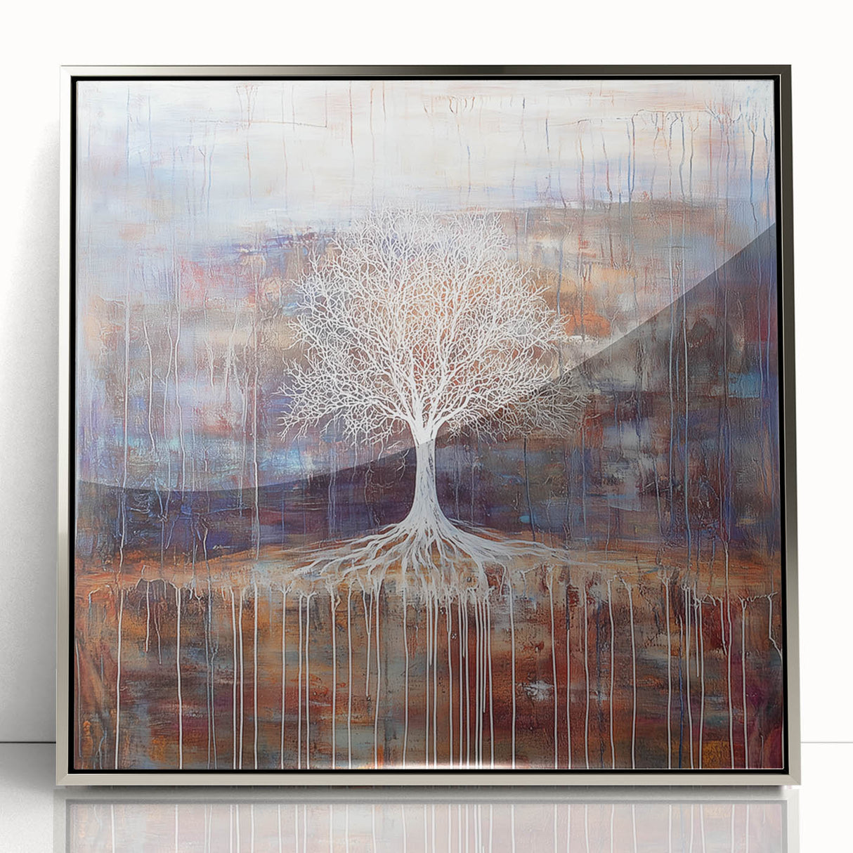 Abstract floral artwork in a silver-framed acrylic display, showcasing vibrant colors and intricate designs, perfect for modern home decor or office aesthetic enhancement.