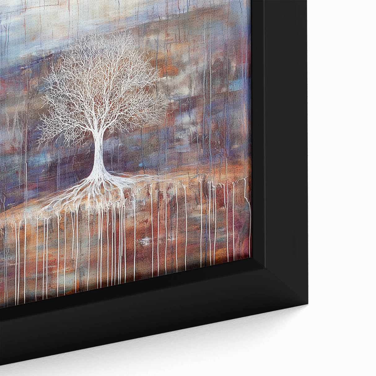 Close-up of a framed canvas showcasing vibrant abstract floral designs with rich colors, perfect for modern home decor or art enthusiasts.