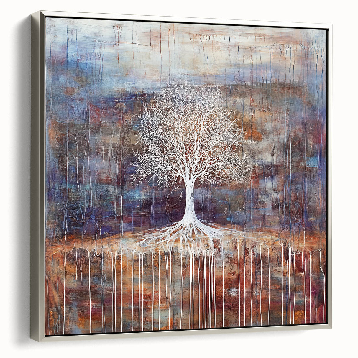 Framed abstract floral canvas artwork with a silver frame, showcasing vibrant colors and intricate patterns, perfect for modern home decor and stylish interiors.