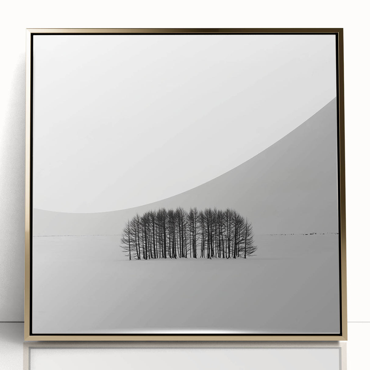 Framed abstract landscape artwork with gold accents, showcasing a serene scene of hills and valleys under a soft gradient sky, ideal for modern home decor.