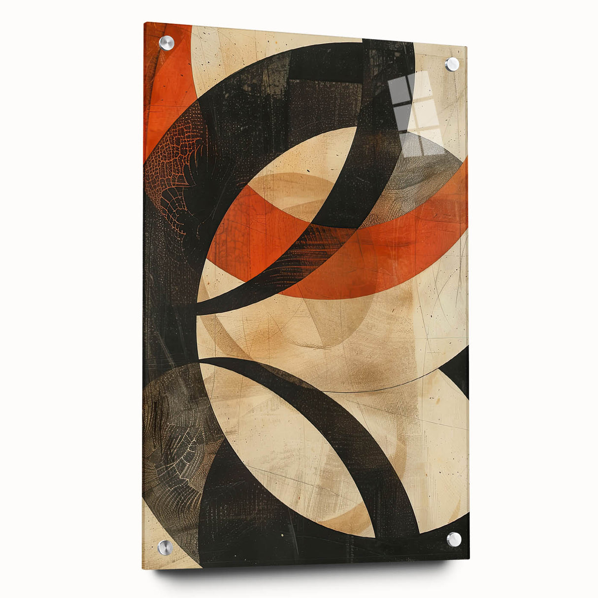 Abstract minimalist wall art piece displayed on acrylic glass, showcasing a side view with decorative pins. The artwork features soft pastel colors, ideal for modern interior decor.