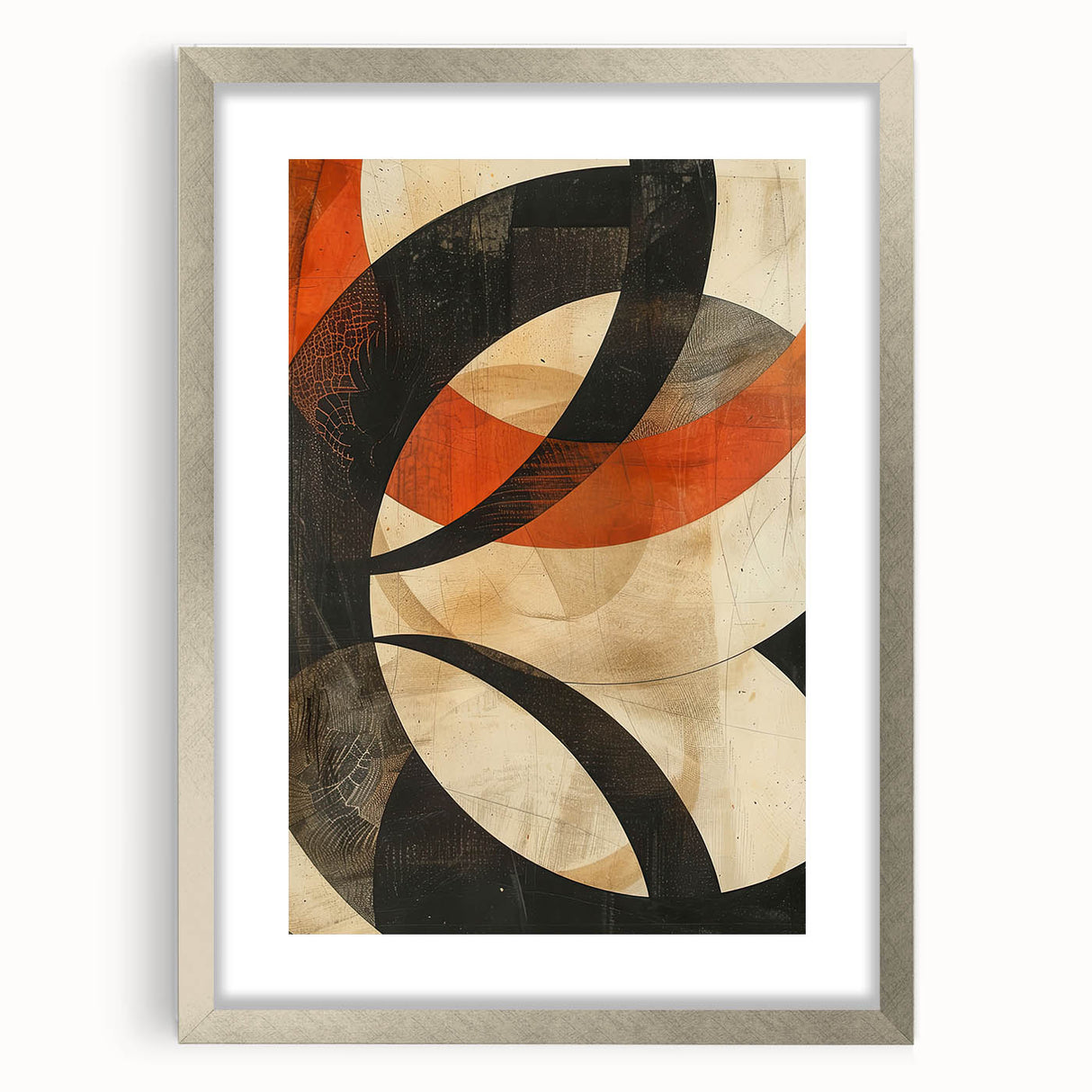 Abstract minimalist wall art in a sleek silver frame with a white mat, showcasing geometric patterns and soft color gradients, perfect for modern decor.