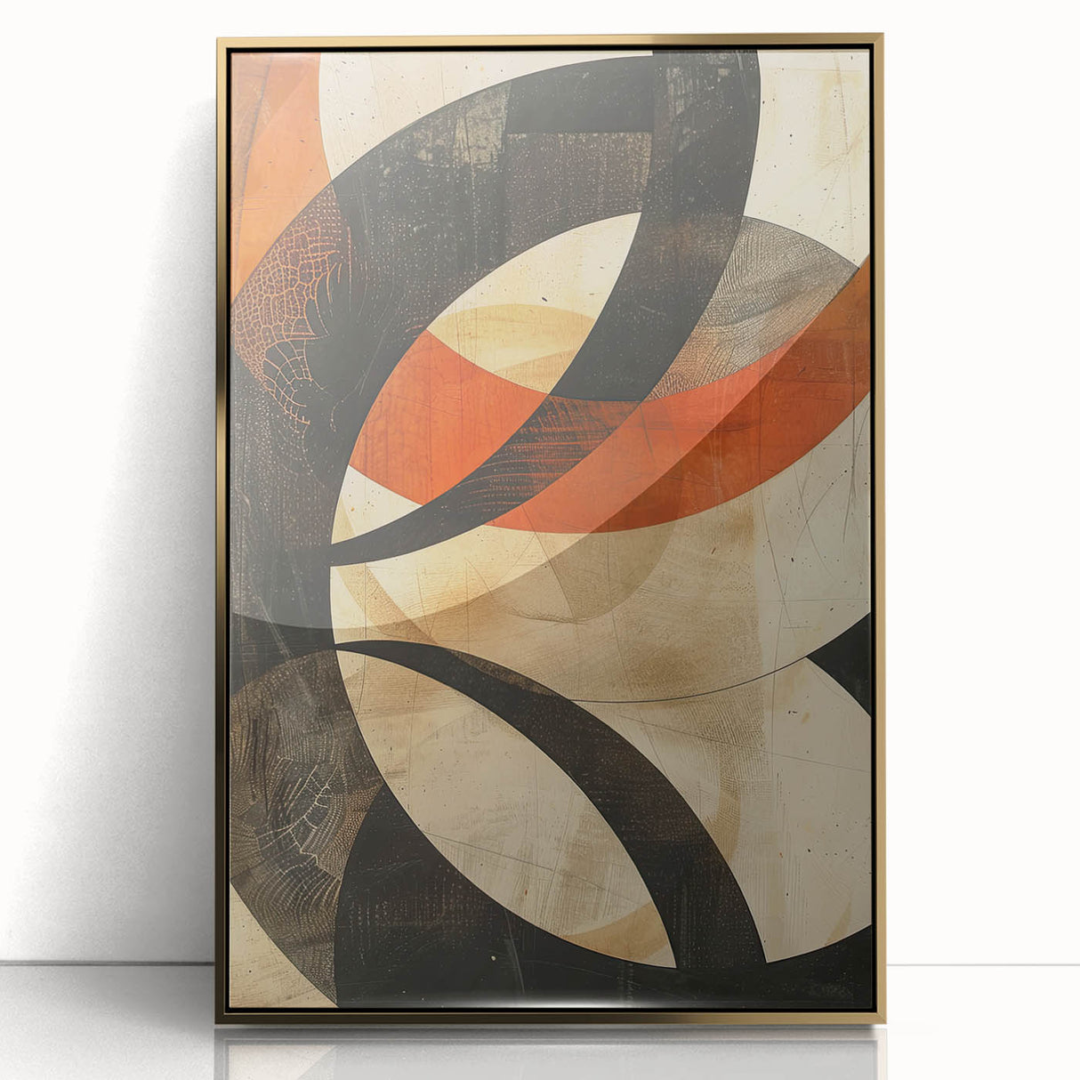 Framed abstract minimalist wall art featuring a gold design set against a sleek acrylic backdrop, ideal for modern home decor. Perfect for adding elegance to any room.