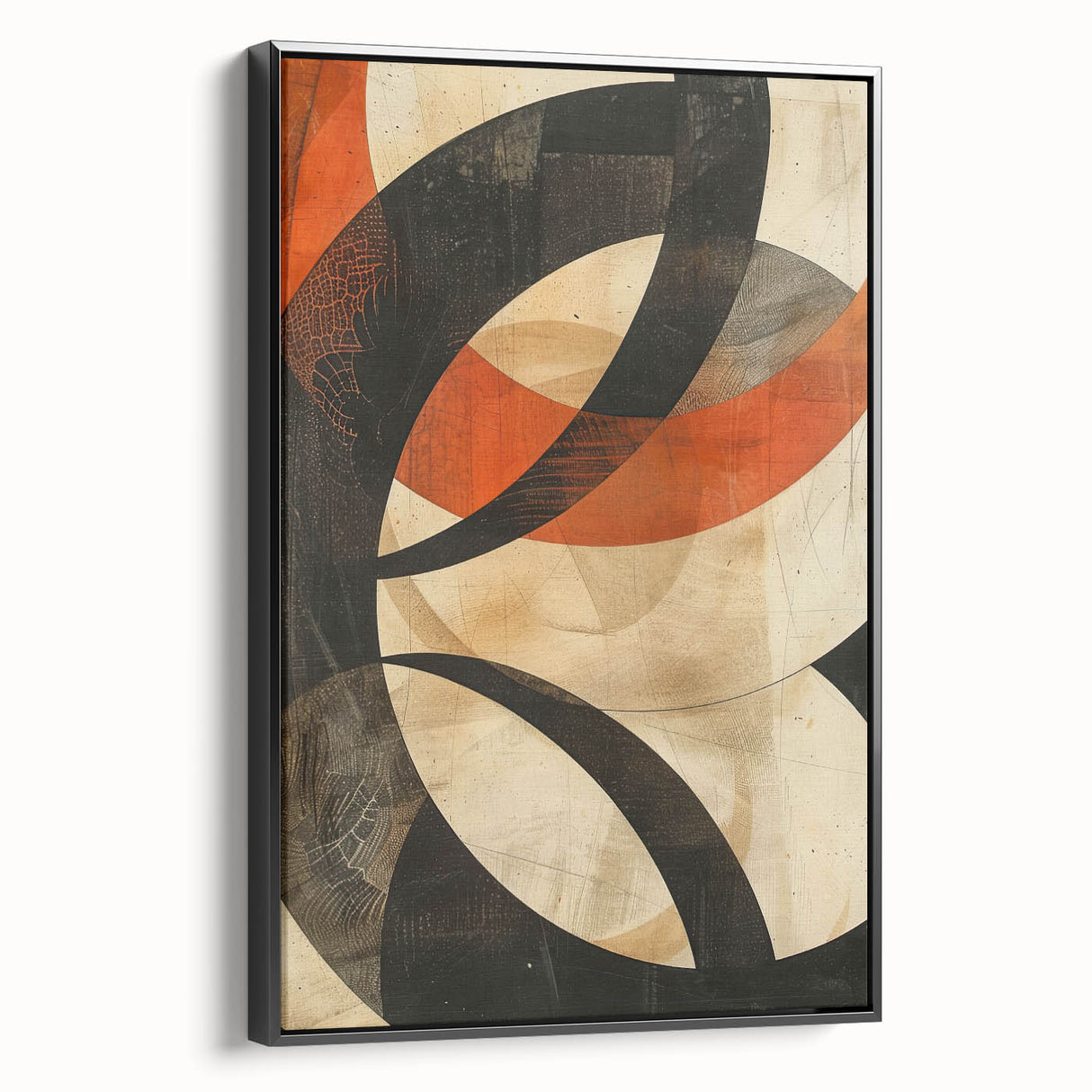 Abstract minimalist wall art featuring a sleek black and white design in a modern frame, displayed from a side view, ideal for contemporary home decor.