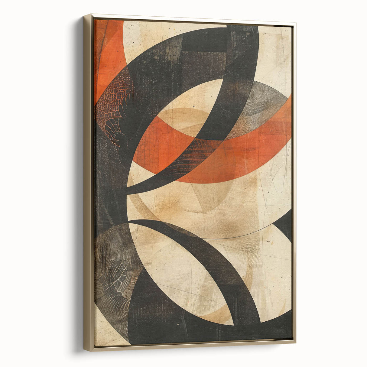 Abstract minimalist wall art framed canvas in gold, showcasing elegant geometric patterns against a soft white background, ideal for modern home decor.