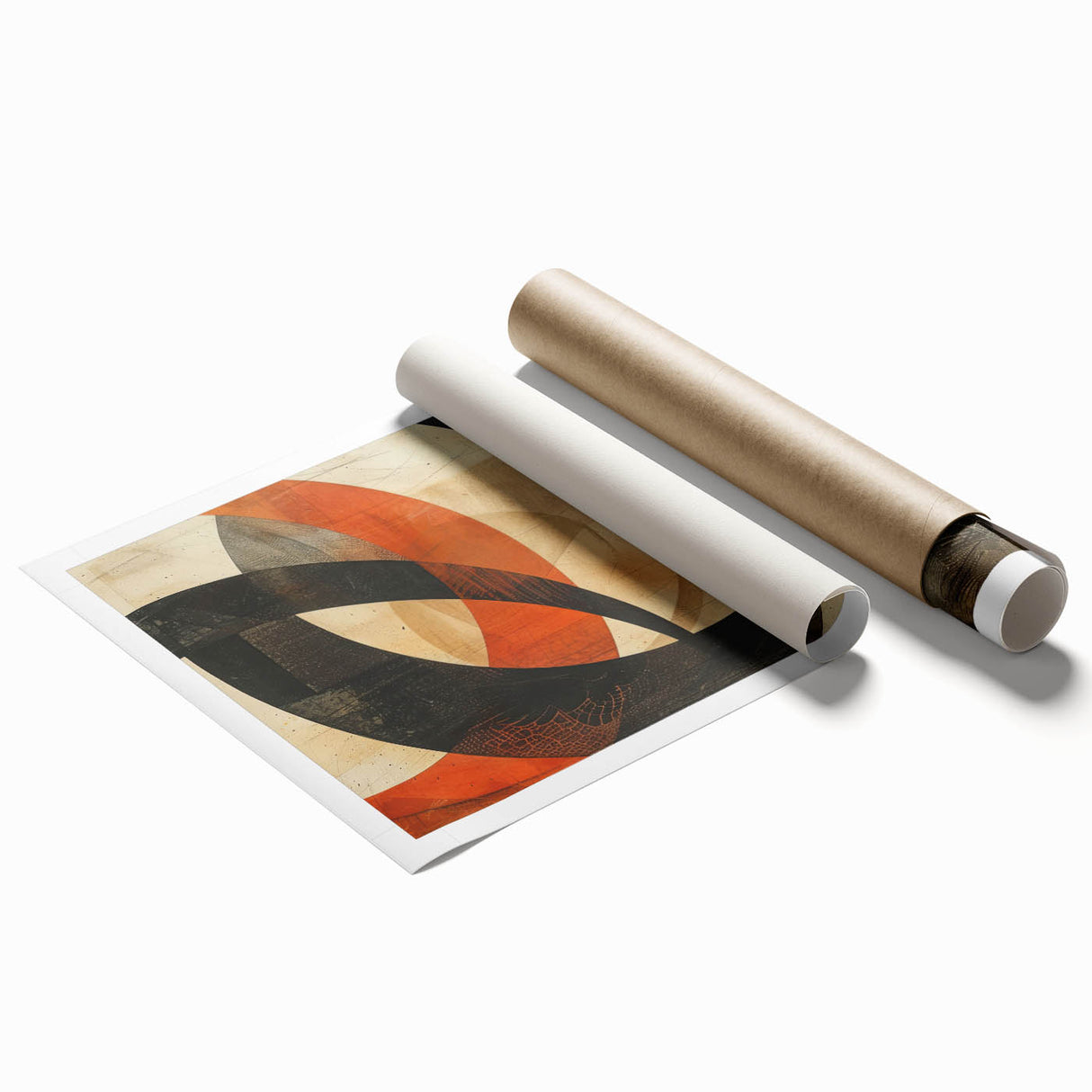 Abstract minimalist wall art print featuring soft pastel colors and geometric shapes, rolled and packaged in a protective tube for easy shipping and display. Ideal for modern home decor enthusiasts seeking a unique artistic touch.