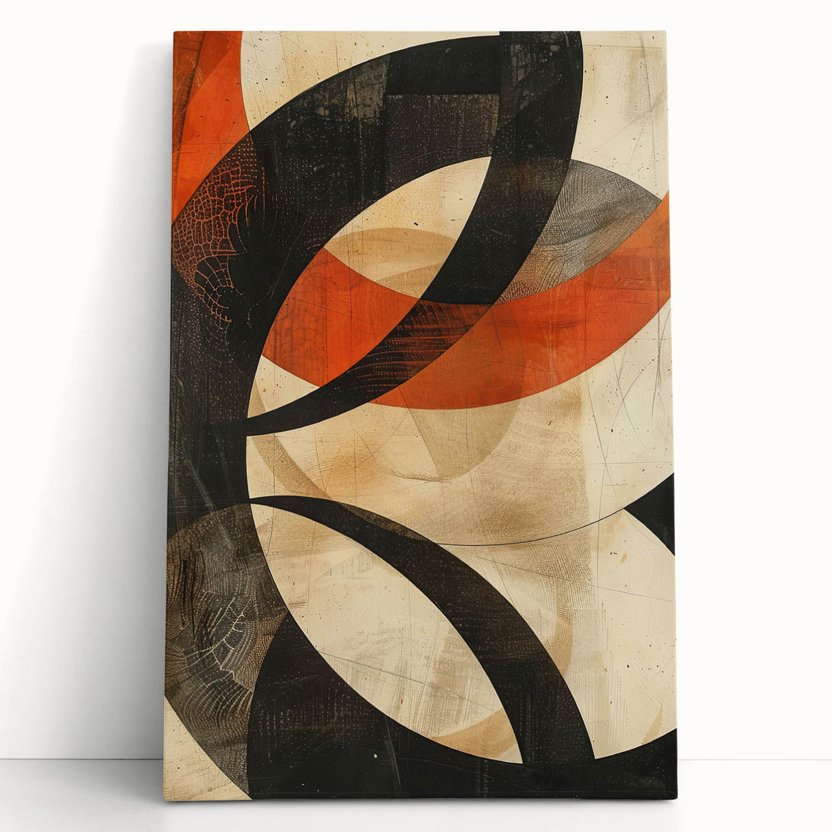 Abstract minimalist wall art stretched on canvas, showcasing soft pastel colors and geometric shapes, artfully leaning against a neutral wall in a contemporary setting.