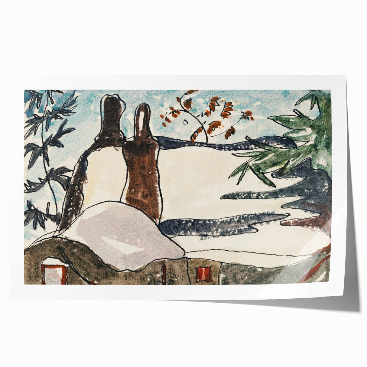 Abstract Snowy Landscape Wall Art - Modern Winter Rooftop Decor