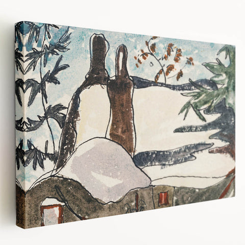Abstract Snowy Landscape Wall Art - Modern Winter Rooftop Decor
