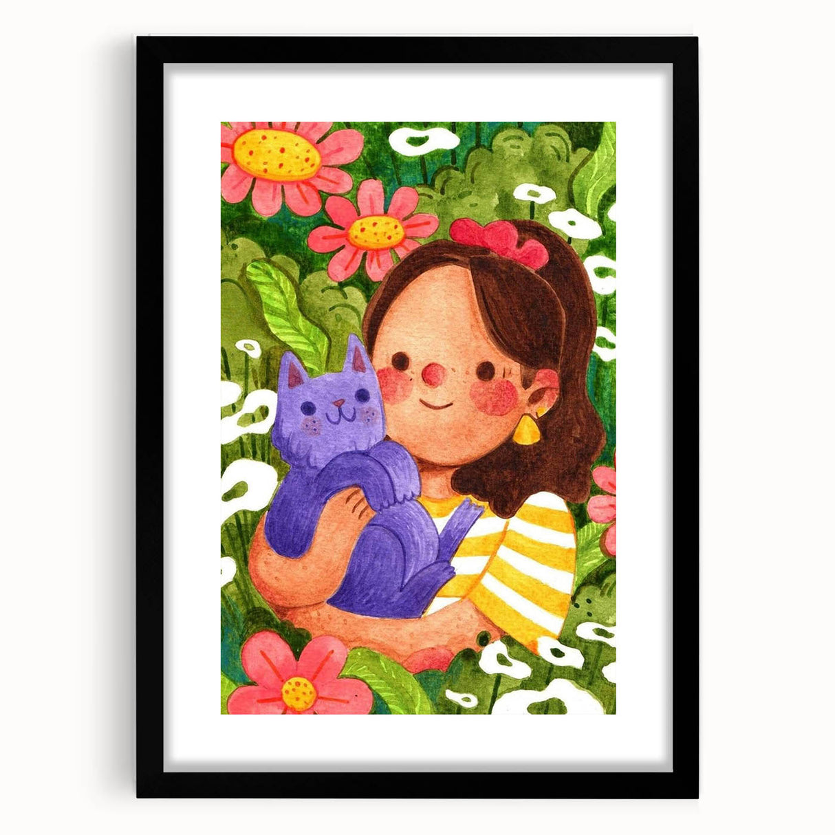 Girl & Cat in Garden Girls Room Wall Art – Kids Room Art Print