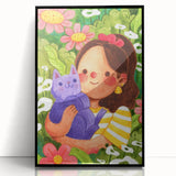 Girl & Cat in Garden Girls Room Wall Art – Kids Room Art Print