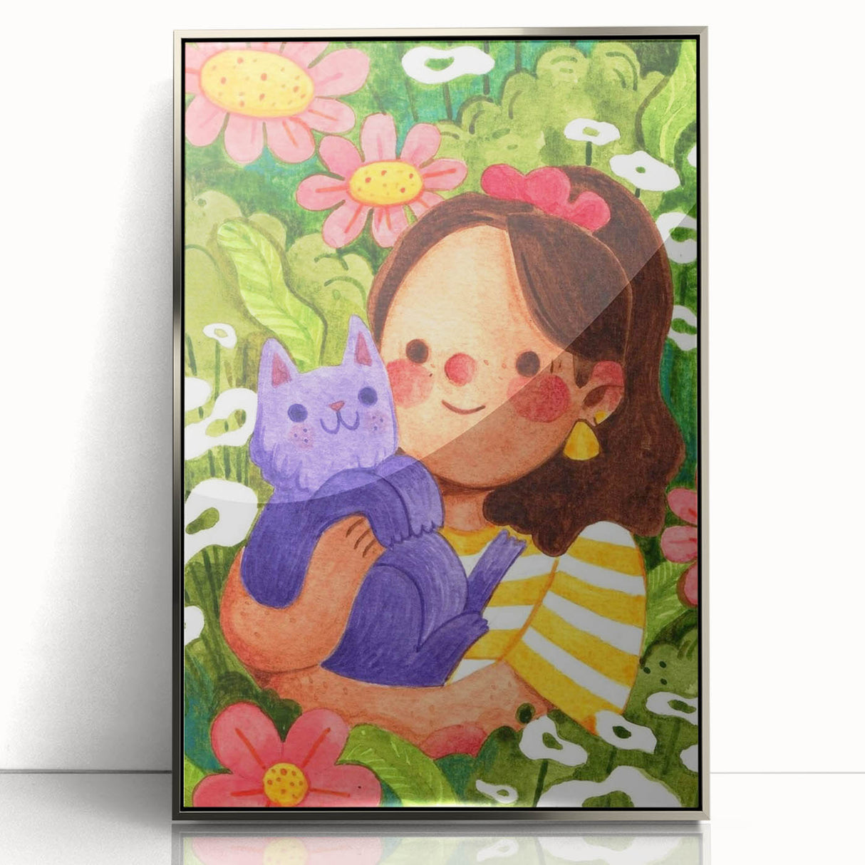 Girl & Cat in Garden Girls Room Wall Art – Kids Room Art Print