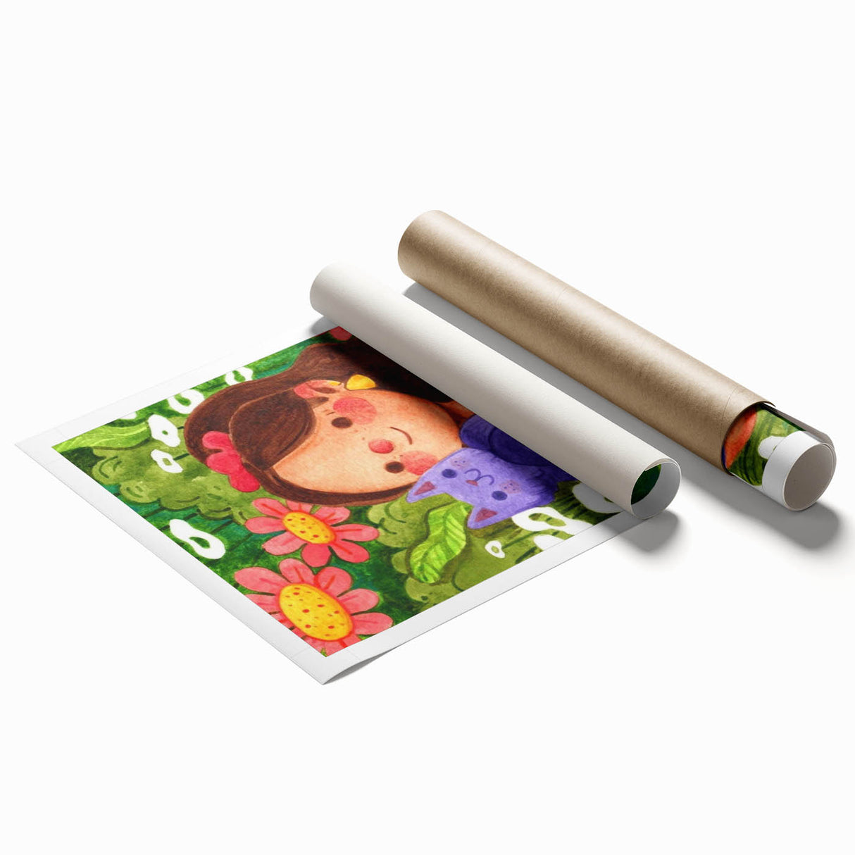 Girl & Cat in Garden Girls Room Wall Art – Kids Room Art Print
