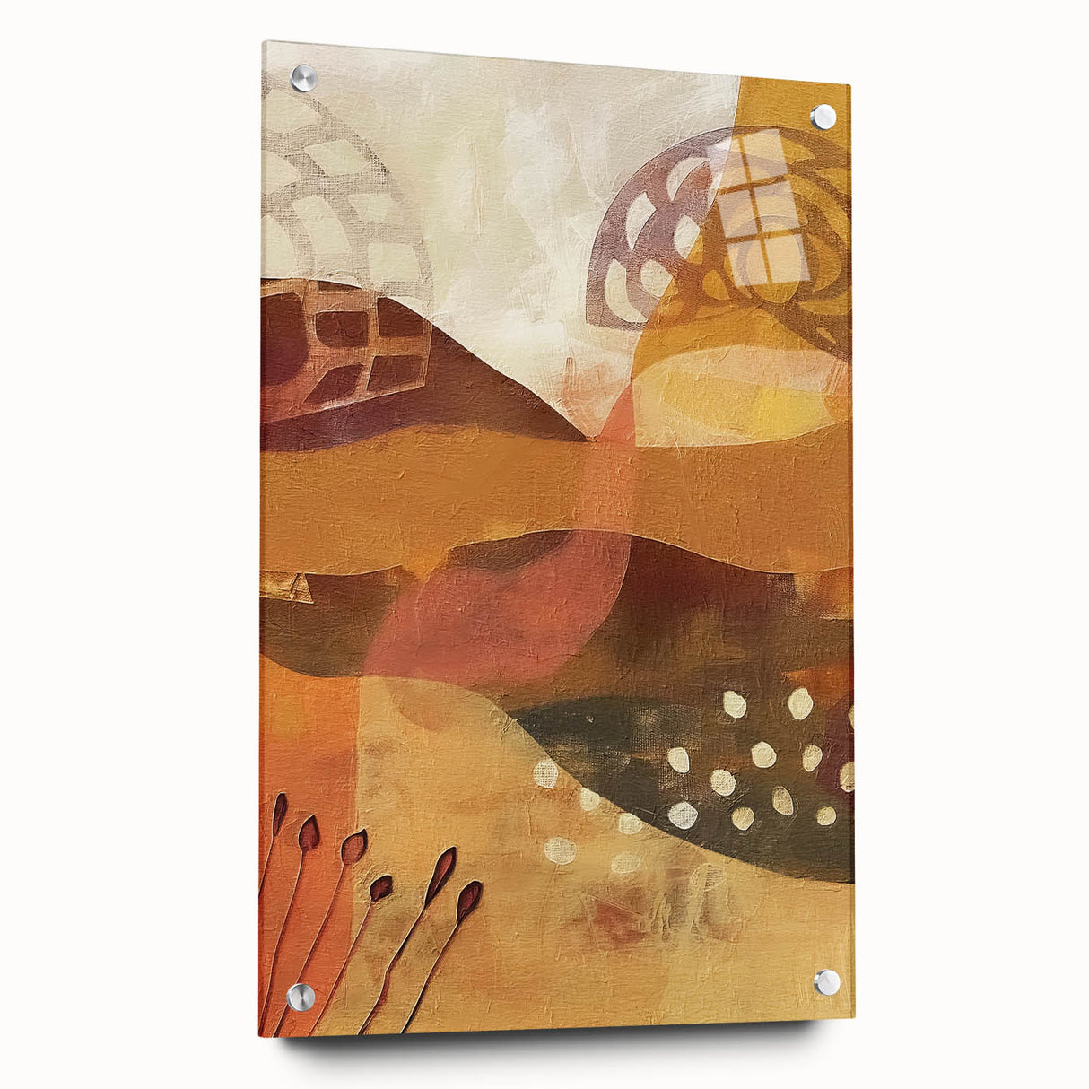 Large abstract wall art depicting fall themes in warm orange and brown tones on acrylic glass.