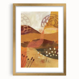 Extra large abstract art print with textured patterns in earthy autumn tones, framed in gold, ideal for living room decor.