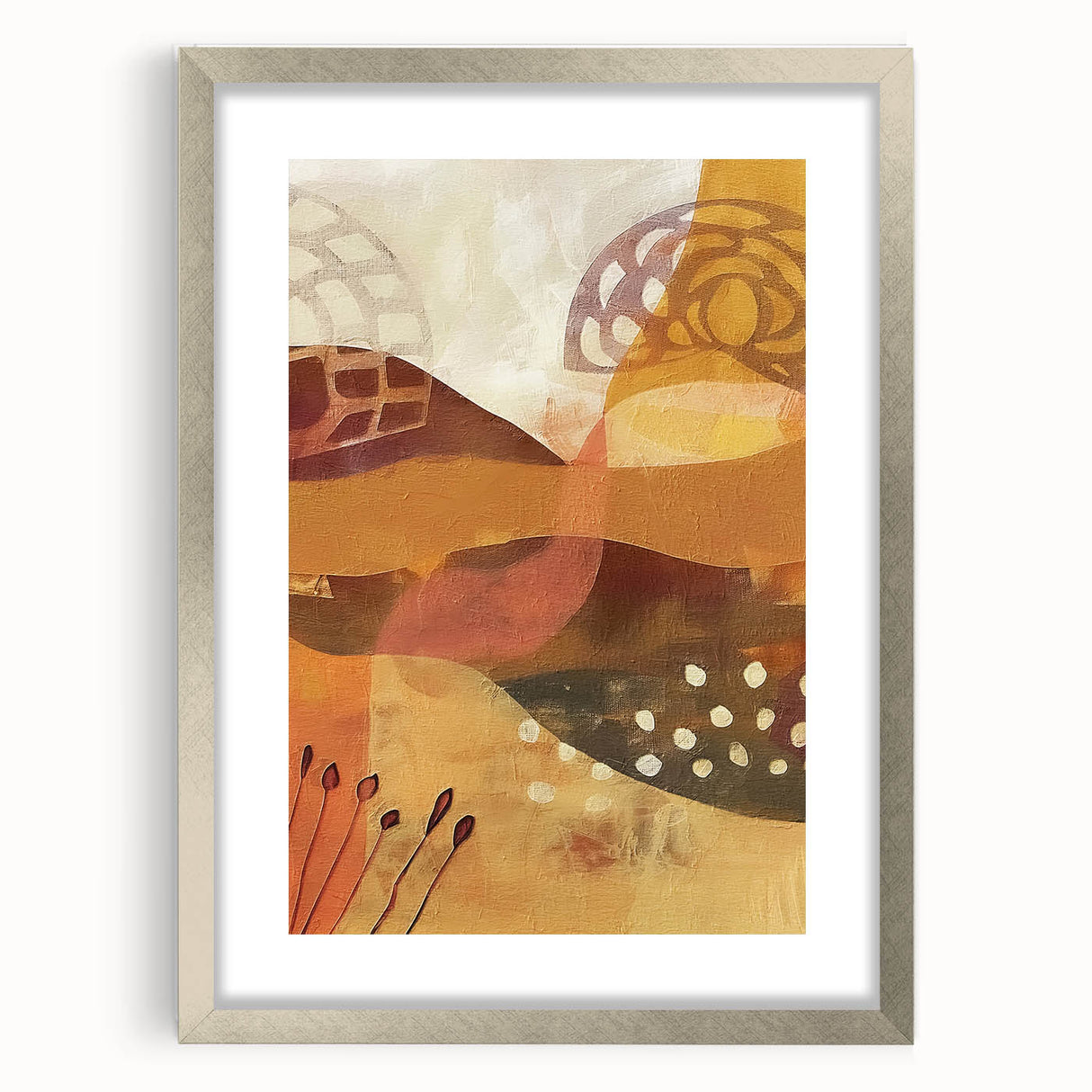 Textured abstract art print in warm autumn hues on a silver-framed canvas, ideal for bedroom art.