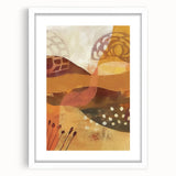 Abstract art print depicting fall foliage in warm orange and red tones on a white framed canvas.