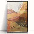 Large abstract wall art featuring swirling autumn colors on acrylic, framed in black, suitable for a modern living room.