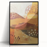 Large abstract wall art featuring swirling autumn colors on acrylic, framed in black, suitable for a modern living room.