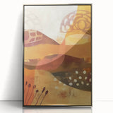 Mid-century modernist art depicting fall scenery in warm orange and brown tones, acrylic print in a silver frame.