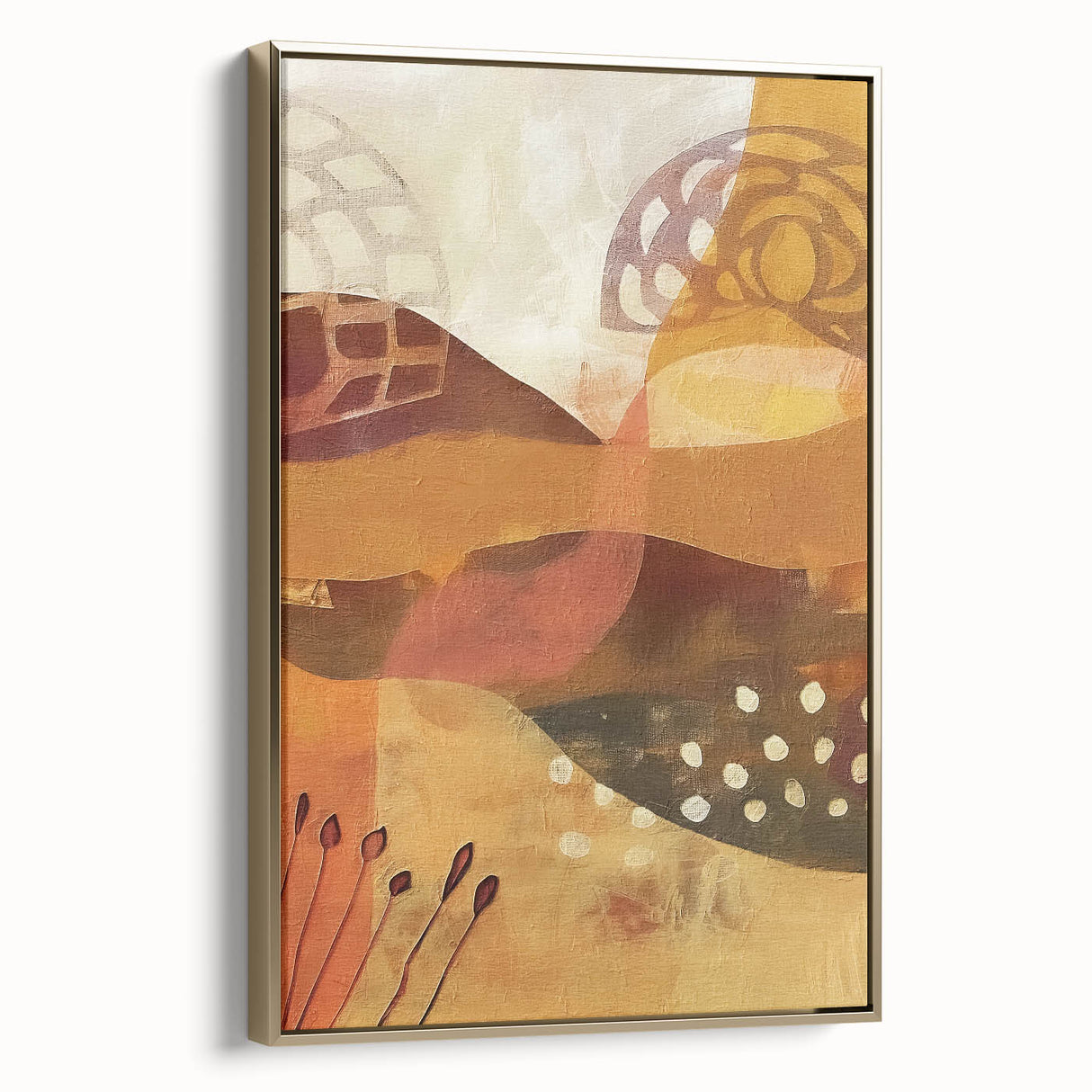Framed canvas depicting a vintage-style landscape with fall scenery in muted gold and black tones.