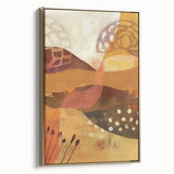 Framed canvas depicting a vintage-style landscape with fall scenery in muted gold and black tones.