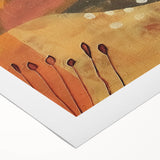 Art deco poster of a stylized fall landscape in warm orange and brown tones on rolled canvas, suitable for dining room decor.