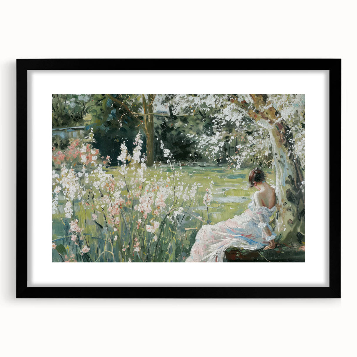 Abstract figurative artwork in a sleek black frame with a white mat, showcasing modern design and elegance, perfect for contemporary home decor.
