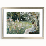 Abstract figurative frame with a silver mat, showcasing a modern art piece that blends geometric shapes and vibrant colors, perfect for contemporary home decor.