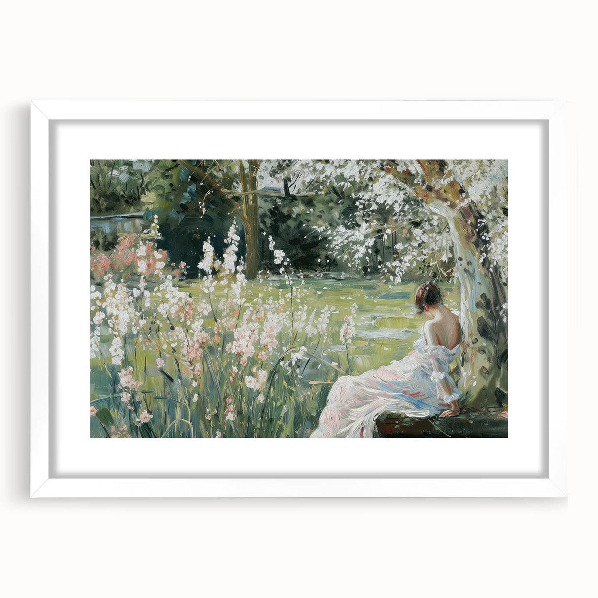 Abstract figurative artwork framed in a white mat, showcasing vibrant colors and dynamic shapes. Ideal for modern home decor, adding artistic flair to any space.