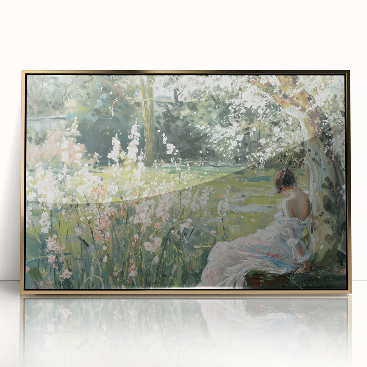 Framed abstract figurative artwork in gold acrylic, showcasing a modern design with fluid shapes and vibrant hues, perfect for contemporary decor.