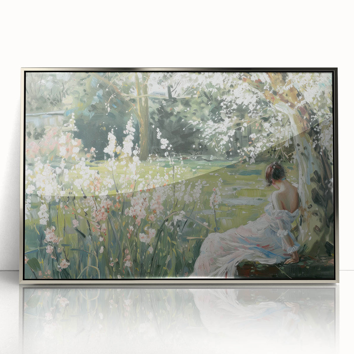 Framed abstract figurative art piece with silver accents, showcasing dynamic shapes and colors, perfect for modern home decor or art enthusiasts.