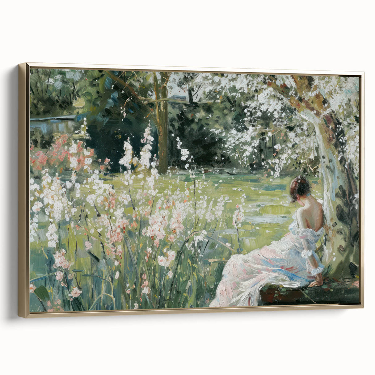 Framed abstract figurative canvas art with gold accents, showcasing a modern design. Side view highlights its elegant frame, ideal for contemporary decor.